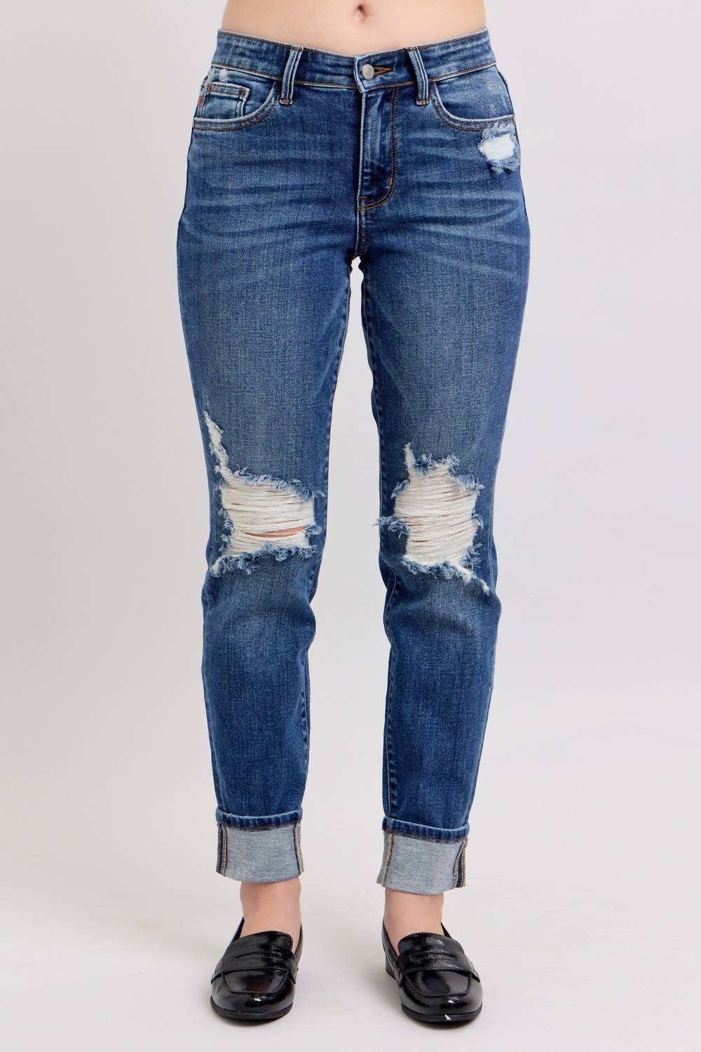 Judy Blue - Distressed Knit Boyfriend Cuffed Jean