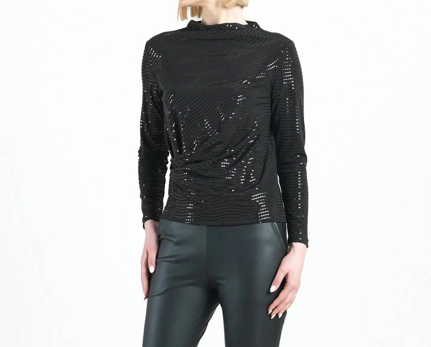 Clara Sunwoo - Shimmer Embellished High Boat Neck Side Draped Top