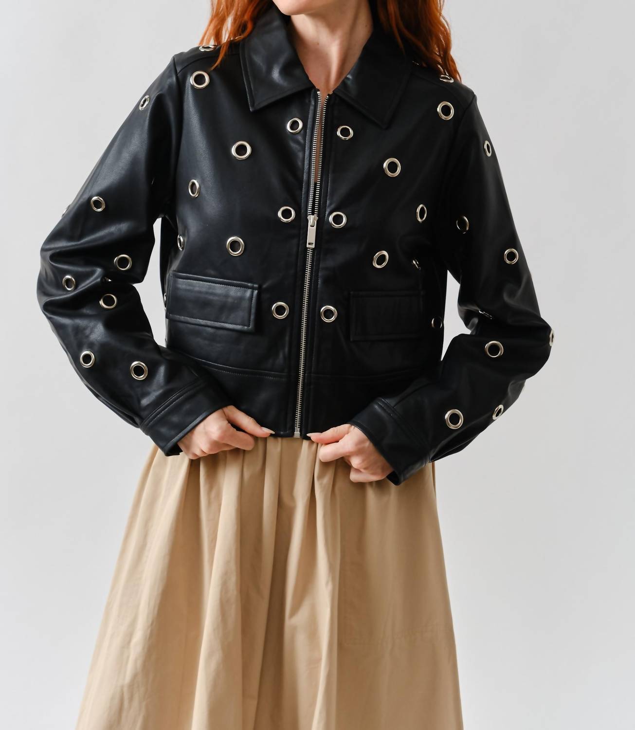 Aaron & Amber - Grommet Faux Leather Jacket
