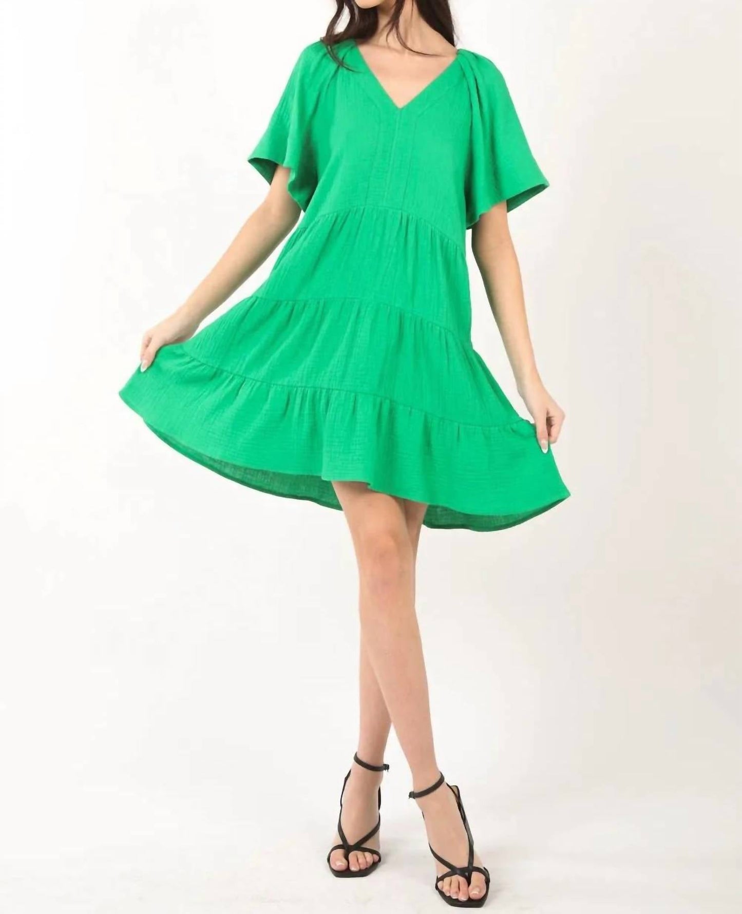 Very J - Texture V-neck Ruffled Tiered Dress