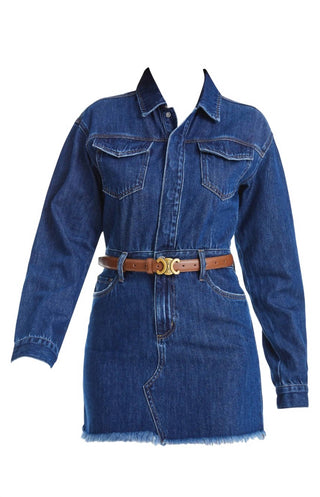 Bayeas - Resa Long Sleeve Fray Hem Denim Mini Shirtdress