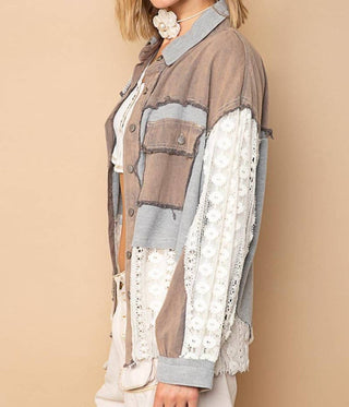 Pol - Oversized Contrast Lace Crochet Collared Button Down Shirt