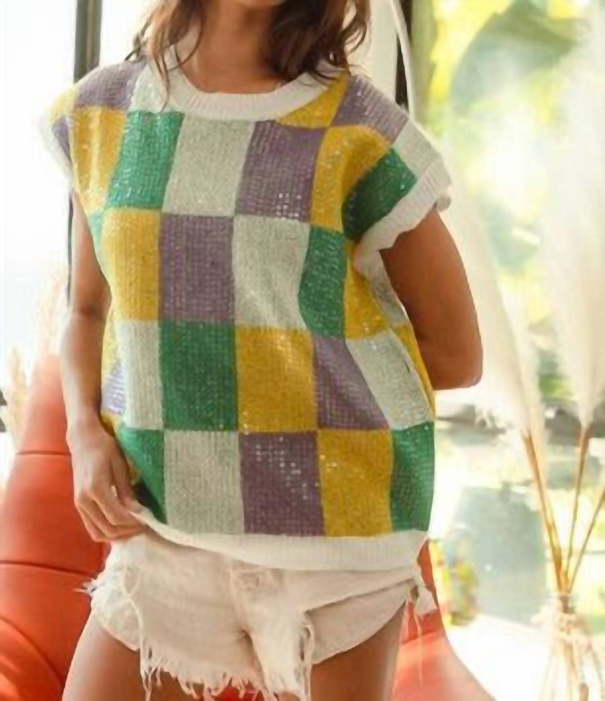 Bibi - SEQUIN MARDI GRAS COLORS CHECKER SWEATER TOP