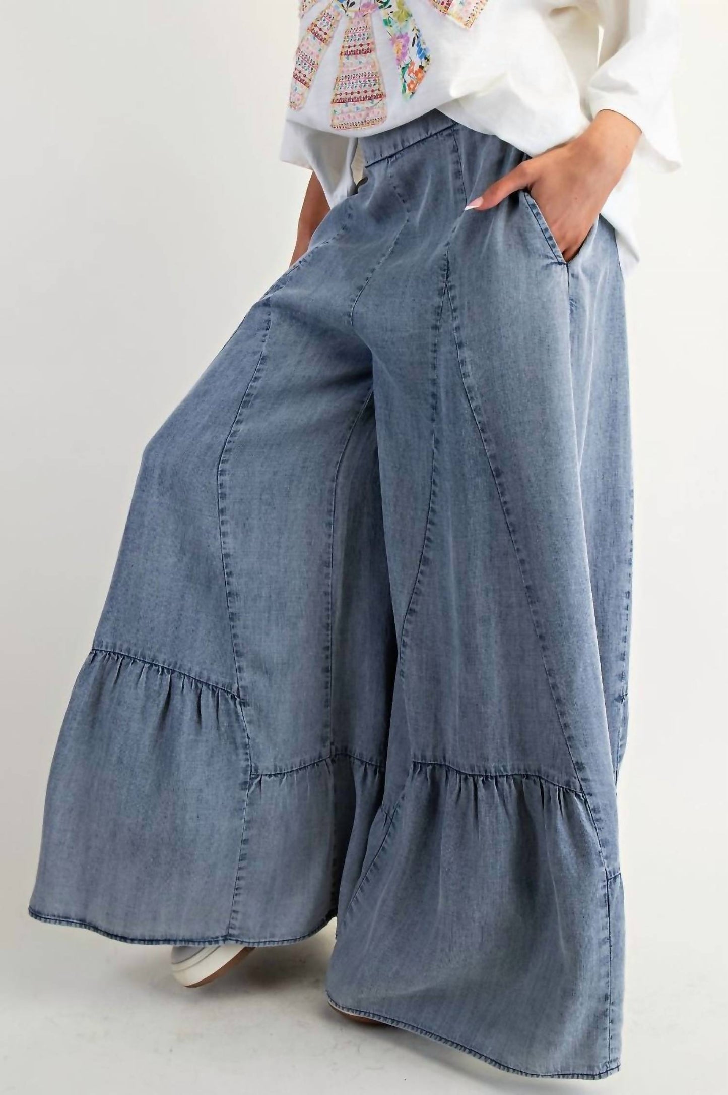 Easel - Ruffle Bottom Hem Washed Wide Leg Palazzo Pants
