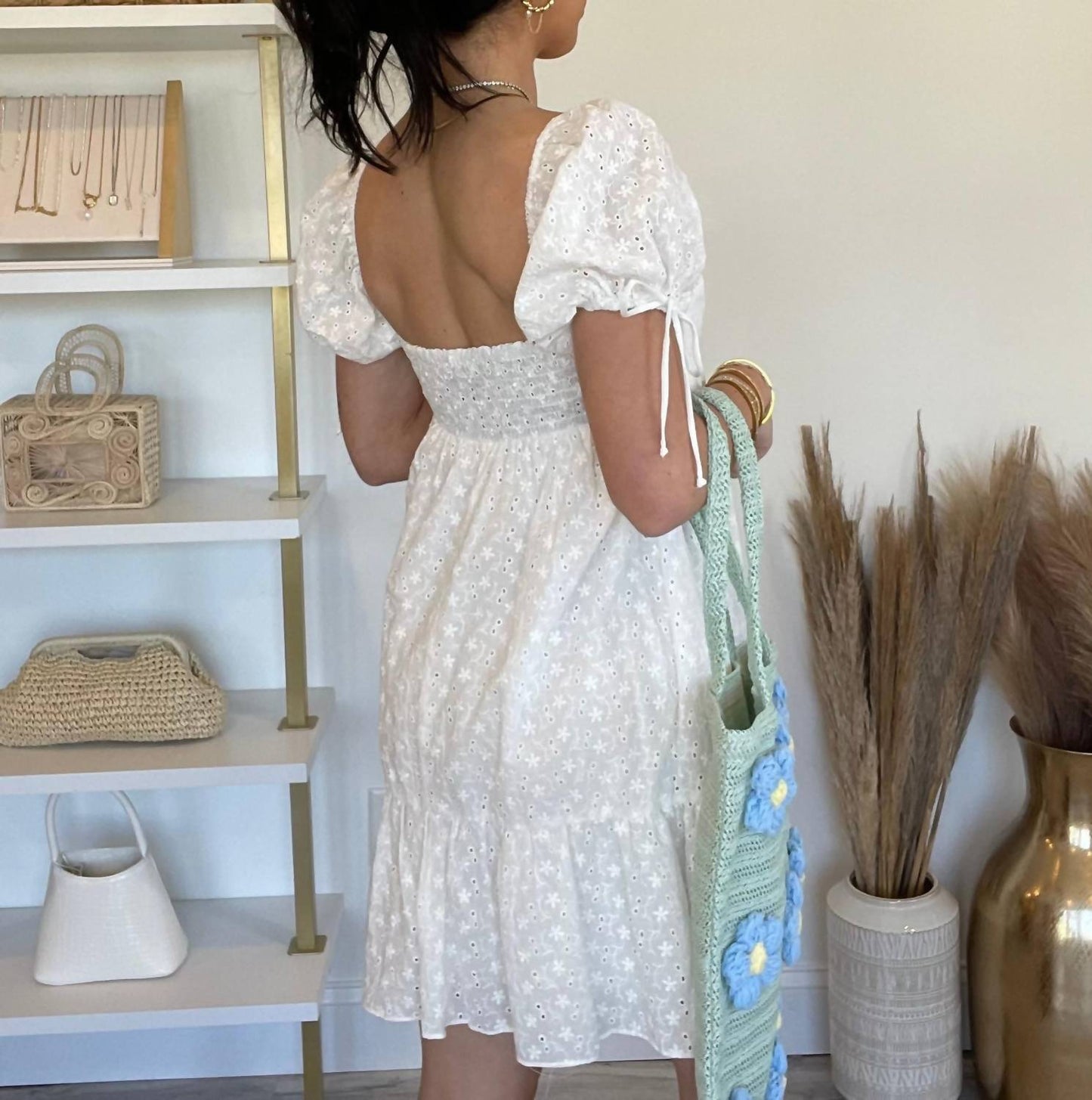 Olivaceous - Bardot Eyelet Babydoll Dress