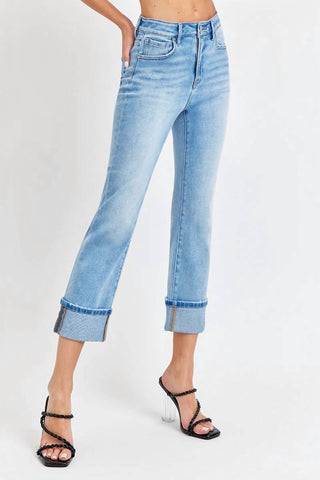 Risen - Calça Jeans Reta com Punhos e Cintura Alta