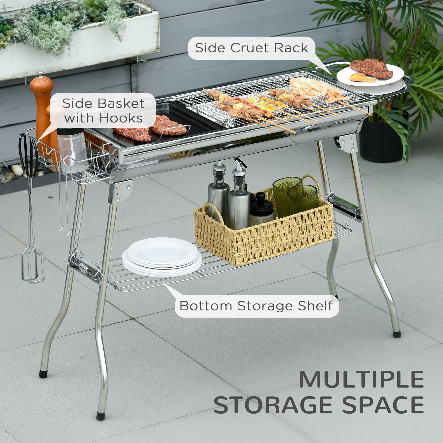 Outsunny Charcoal Grill Stainless Steel Portable Folding BBQ