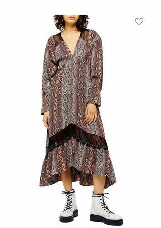 Topshop - Vestido midi com corte em A e acabamento em renda e estampa de cobra