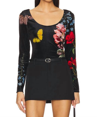 Alice + Olivia - Delaina Scoop Neck Long Sleeve Velvet Top