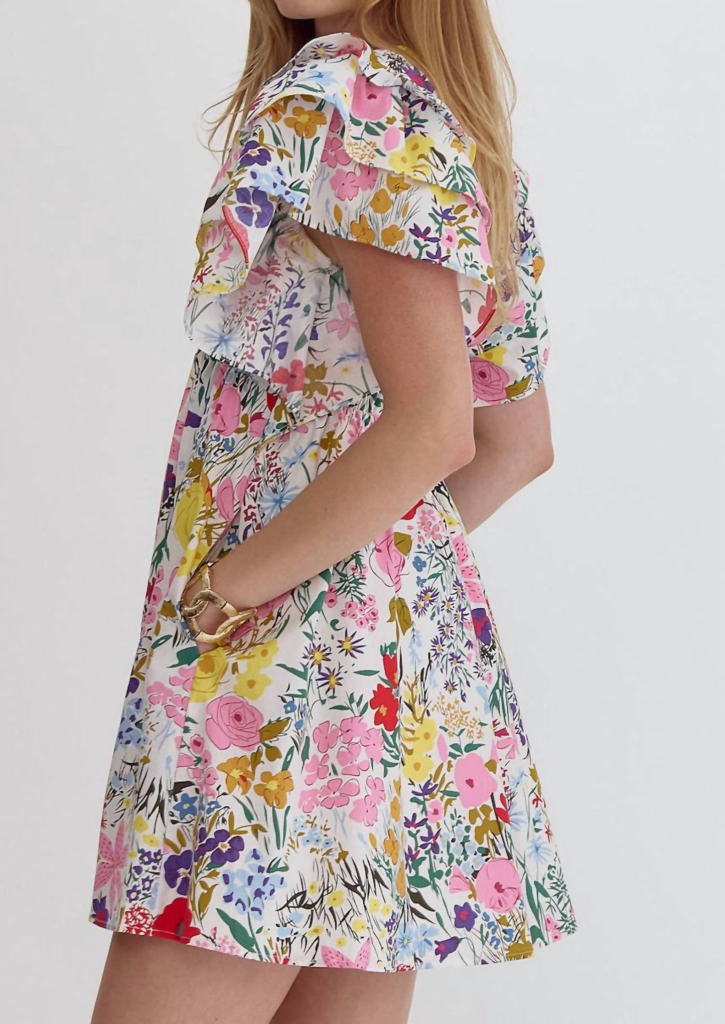 Entro - Colorful Floral Short Ruffle Dress