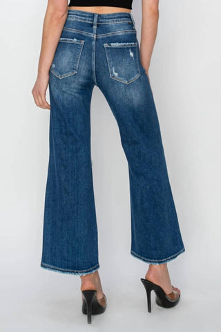 Risen - Calça jeans curta com detalhe de remendo de cintura alta e perna larga