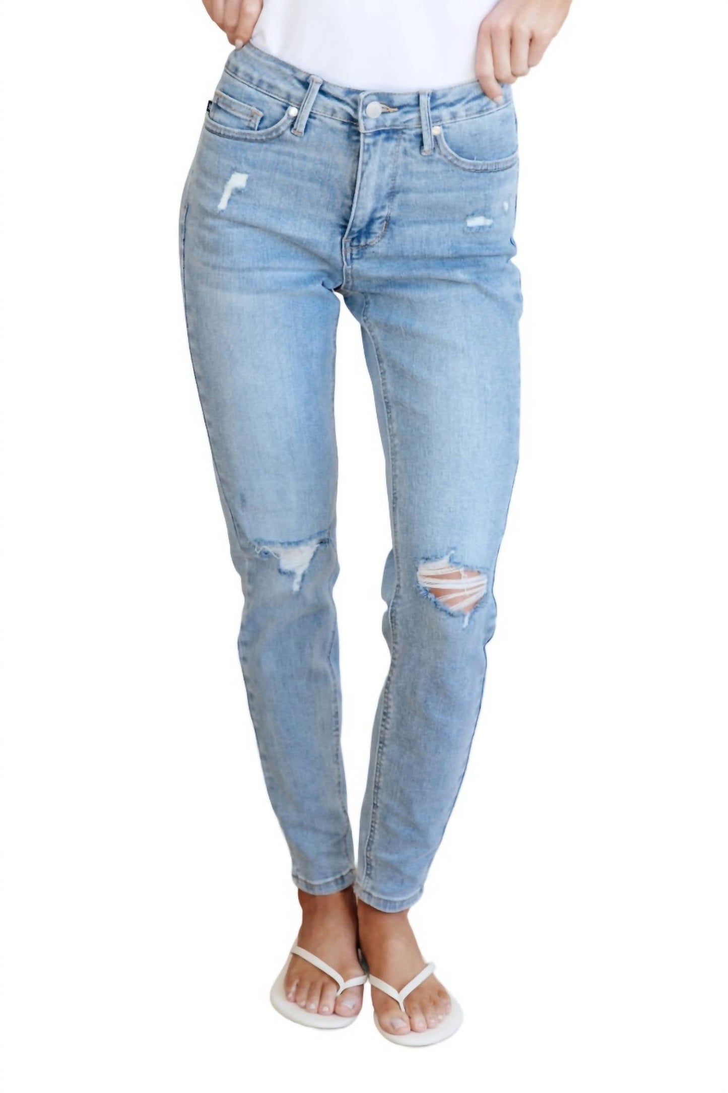 Judy Blue - Mid Rise Control Top Distressed Skinny Jeans