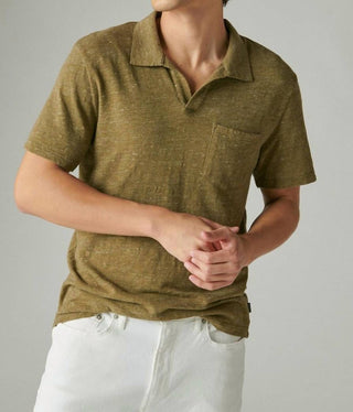 Lucky Brand - Linen Short Sleeve Johnny Collar Polo