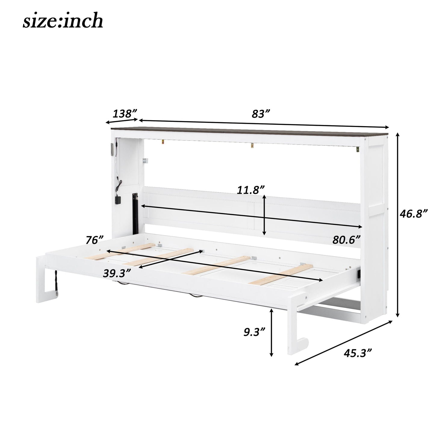 Murphy Bed with LED Light and Foldable Wall Cabinet