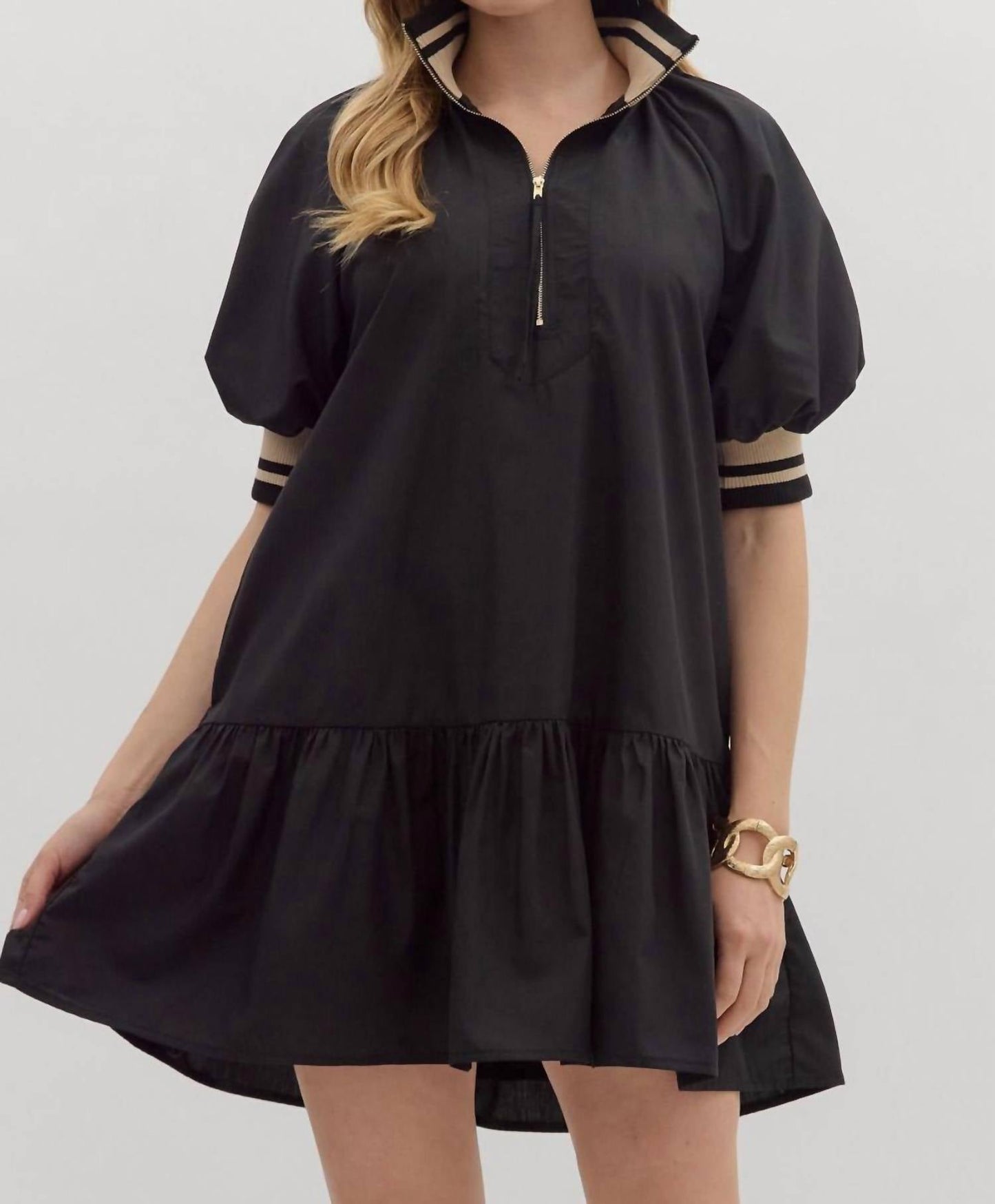 Entro - Puff Sleeve Ruffled Hem Mini Dress