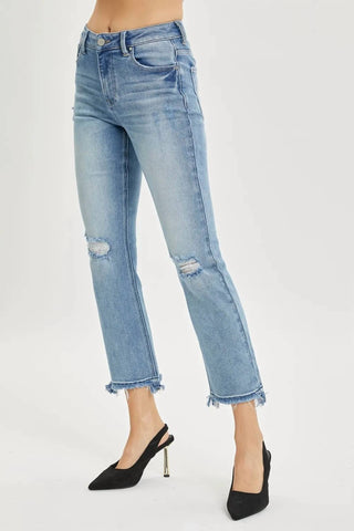 Risen - Calça jeans reta cropped desgastada de cintura alta tamanho grande