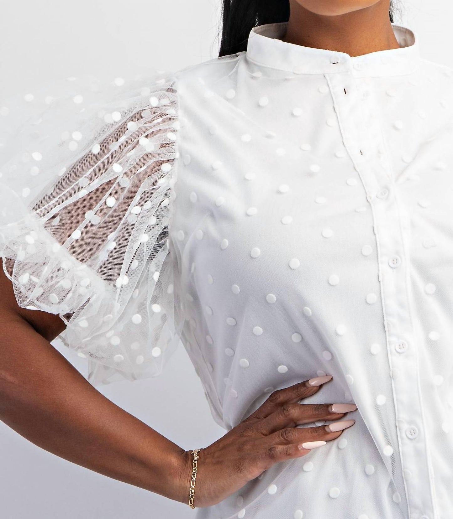 The Curve La - Plus Size Dot Mesh Knit Shirt With Puff Sleeve