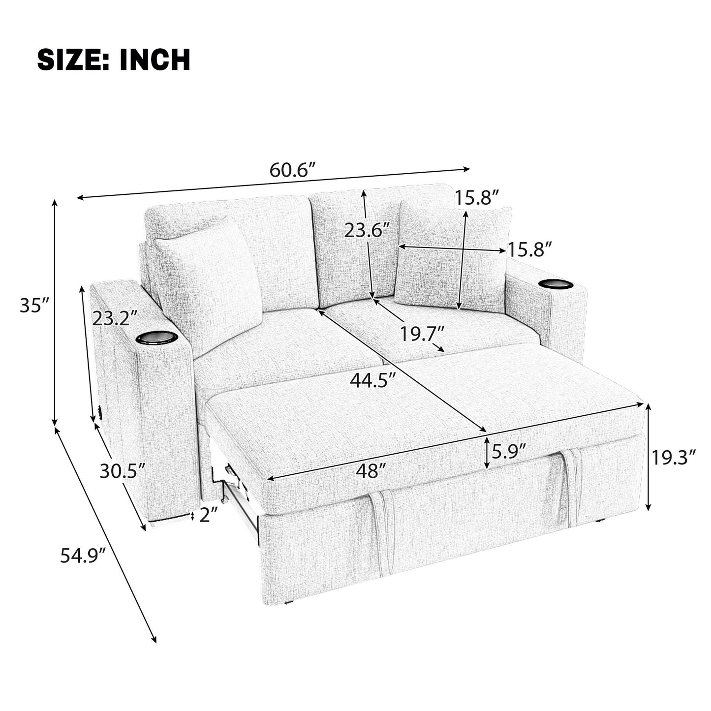 Modern 2 Seater Loveseat Sofa With Pull-Out Bed, Fabric, USB Ports & Cup Holders
