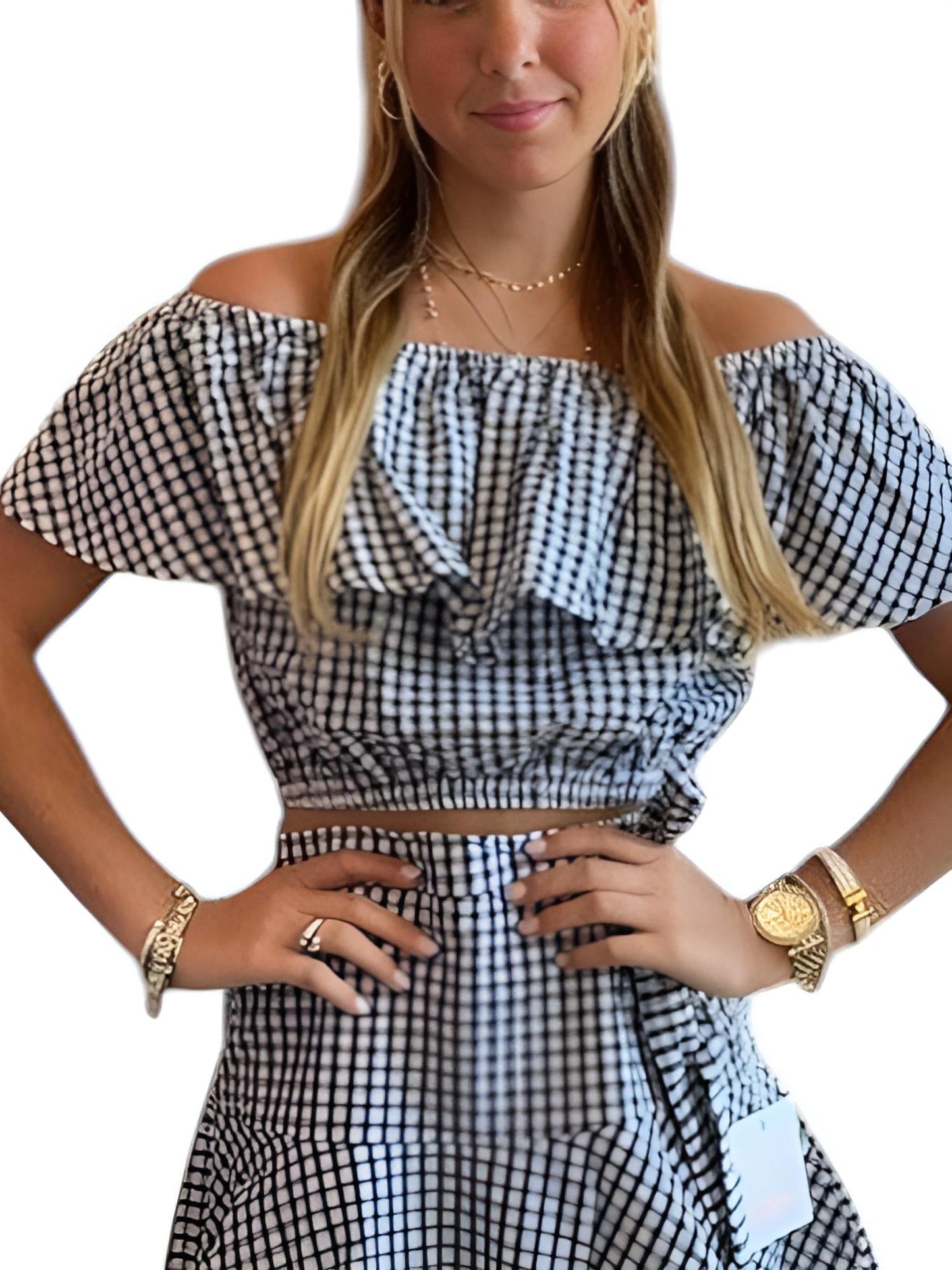 Meet Me In Santorini - Gingham Off Shoulder Top