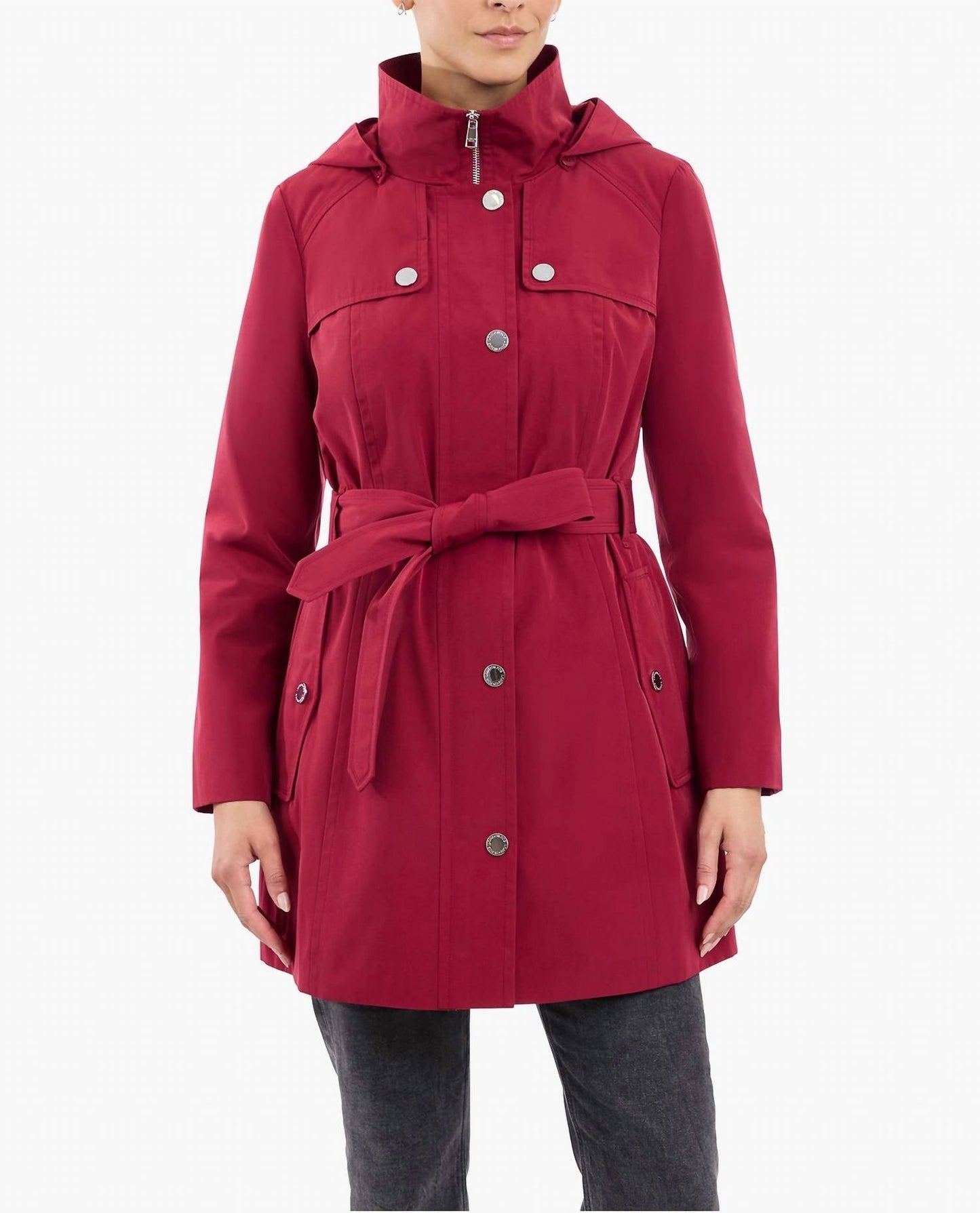 London Fog - Zip Front High-neck Hooded Trench Coat