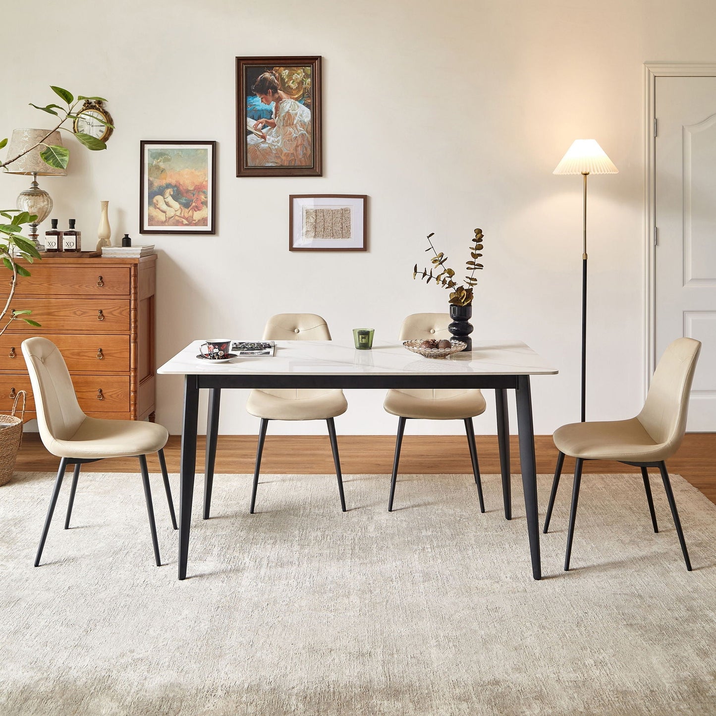 Mid Century Modern Dining Table Round White Sintered Stone Top Heavy Duty Metal Legs Waterproof Surface For Kitchen Dining Room Or Office Furniture - White / Black