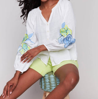 Charlie B - Cotton-linen Button Front Blouse With Embroidery