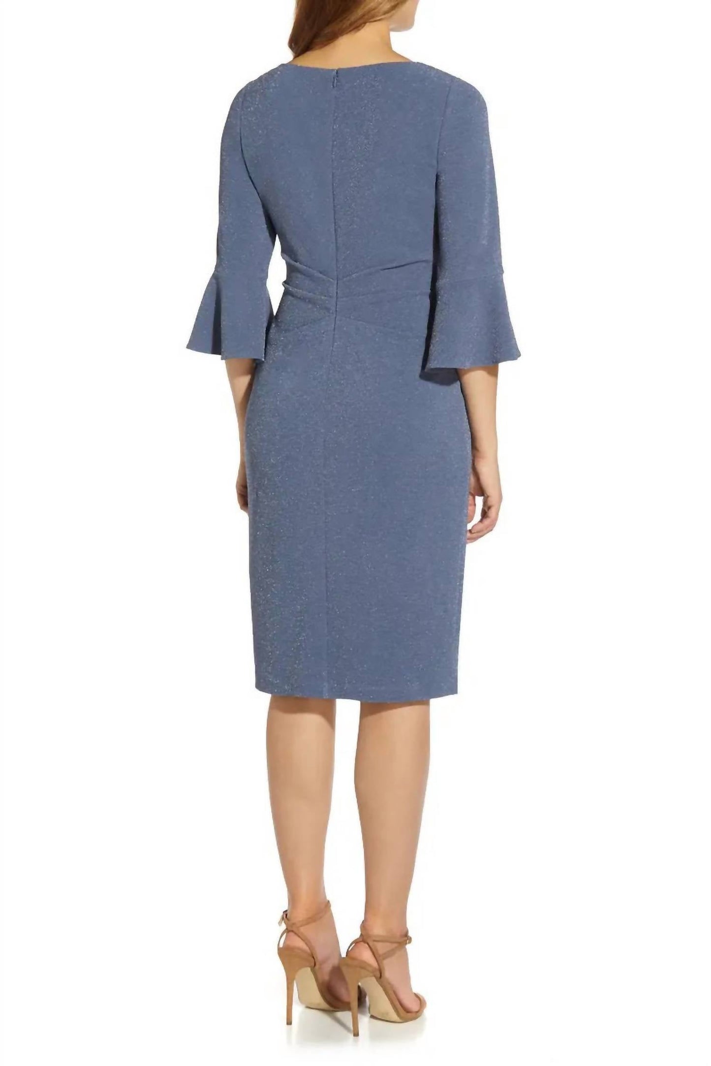 Adrianna Papell - Square Neck 3/4 Bell Sleeves Metallic Knit Dress