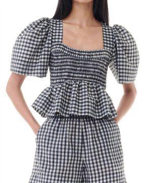 Ganni - Blusa de gola aberta com xadrez de seersucker