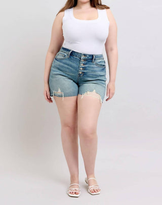 Judy Blue - Short Jeans Destroy Vintage com Botões e Cintura Média