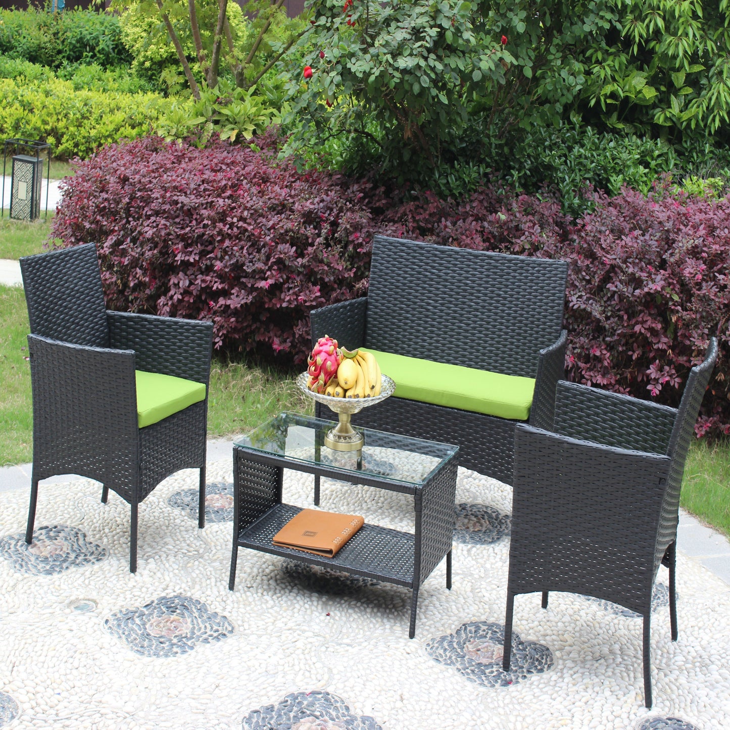 4 PC Rattan Patio Furniture Set Outdoor Cushioned Wicker Sofa Green Cushion