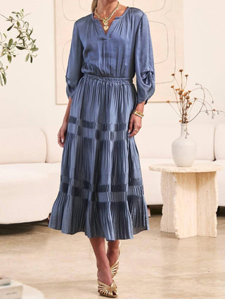 Current Air - Long Sleeve Split Neck Midi Dress With Pleated Skirt