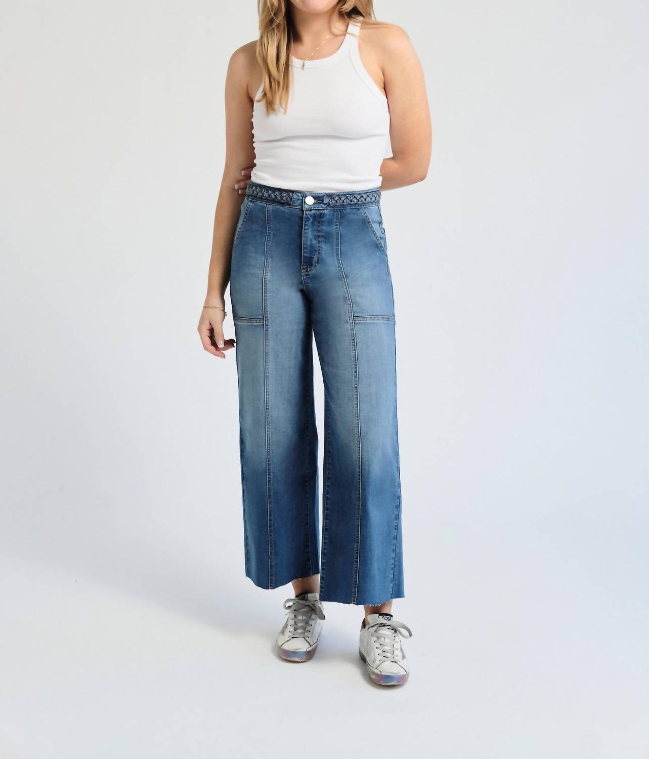 1822 Denim - High Rise Wide Leg Braided Waistband Denim Jeans