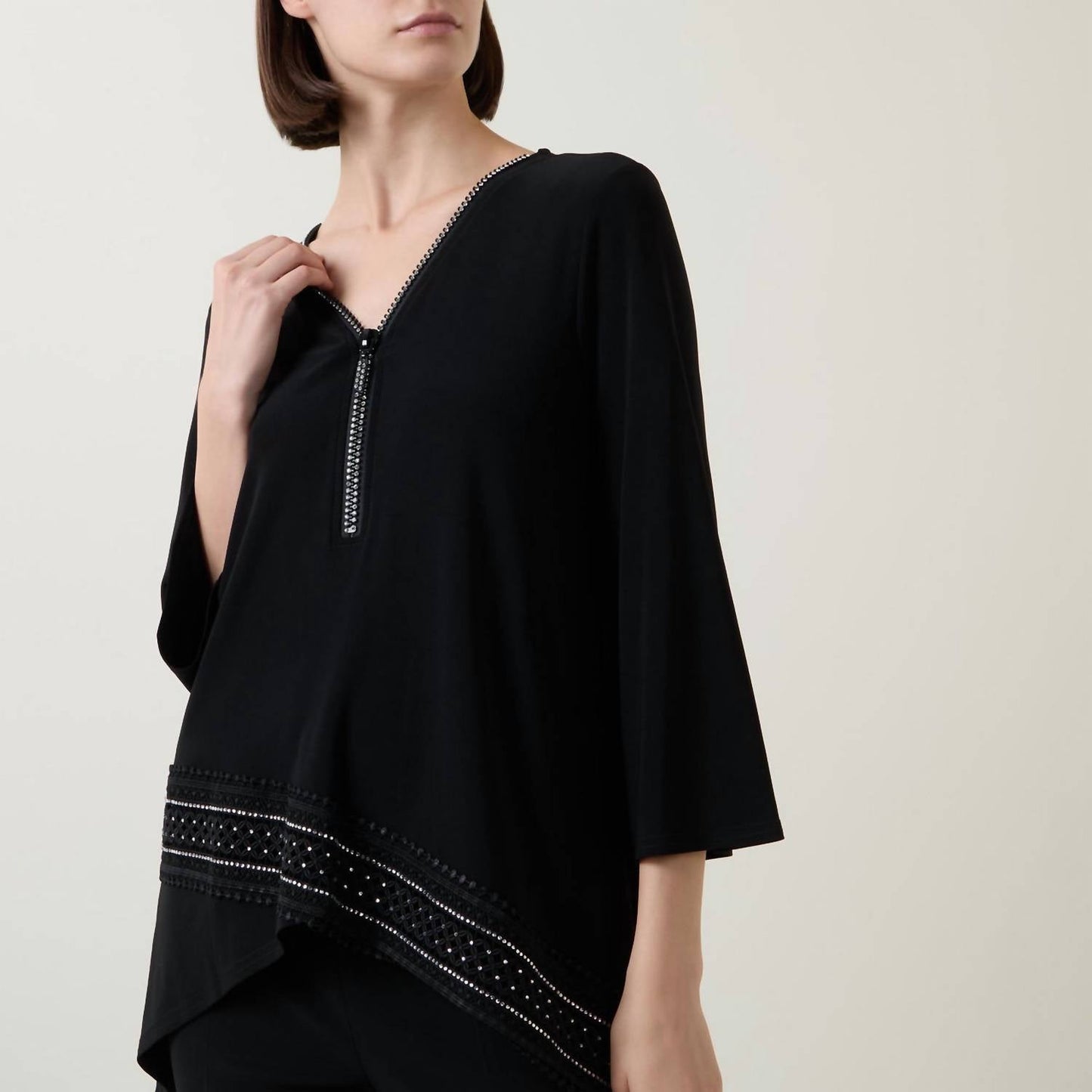 Joseph Ribkoff - Embellished Chic Zipper V-neck Top