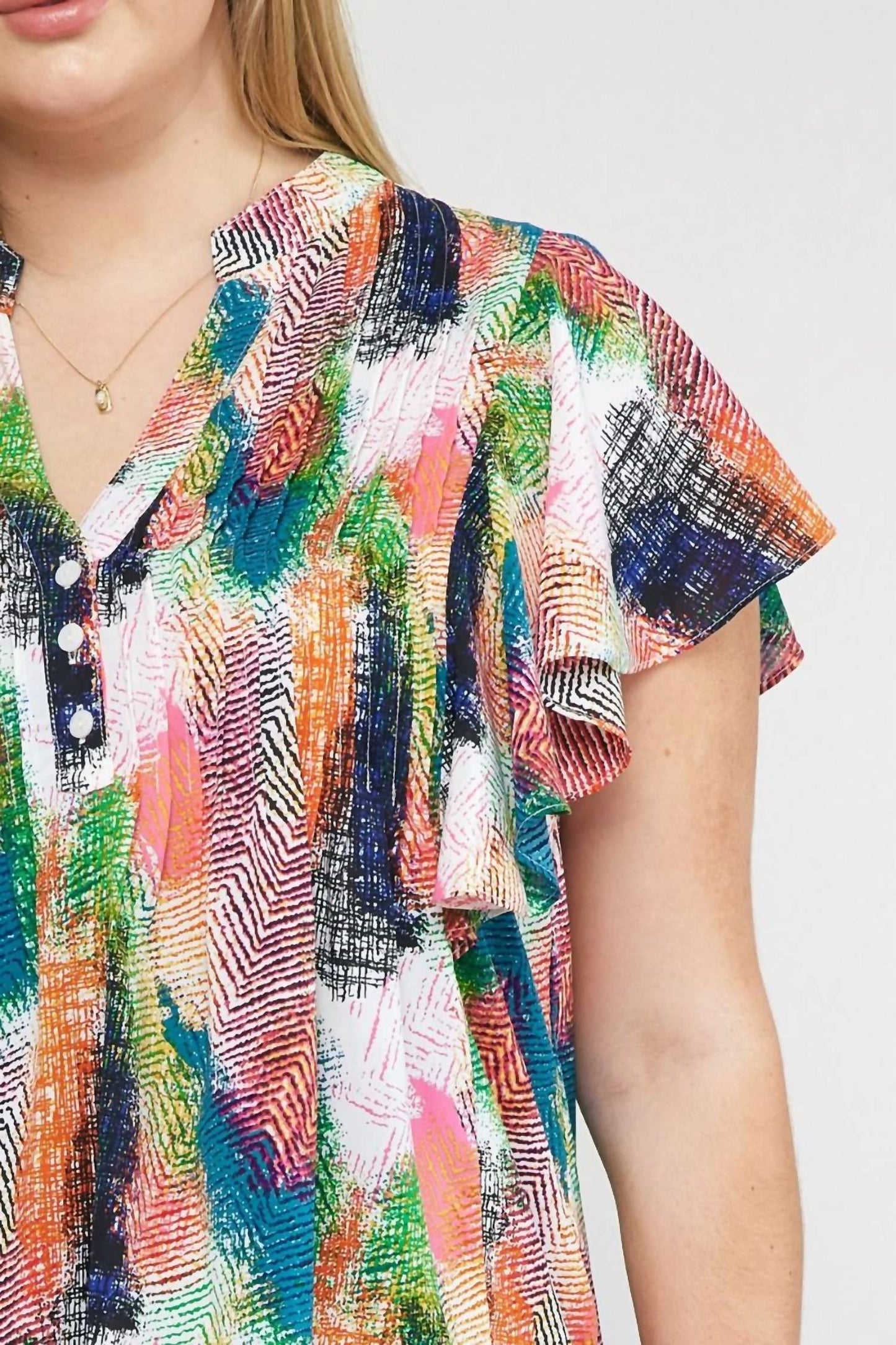 Entro - V-Neck Ruffle Sleeve Top
