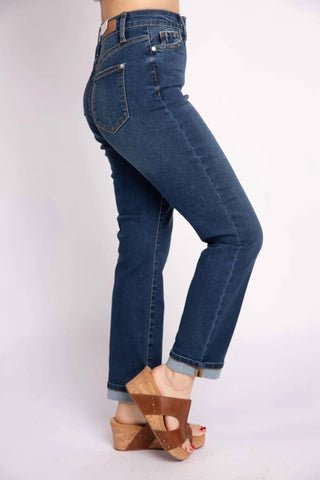 Judy Blue - Calça jeans boyfriend de cintura alta com punho denim