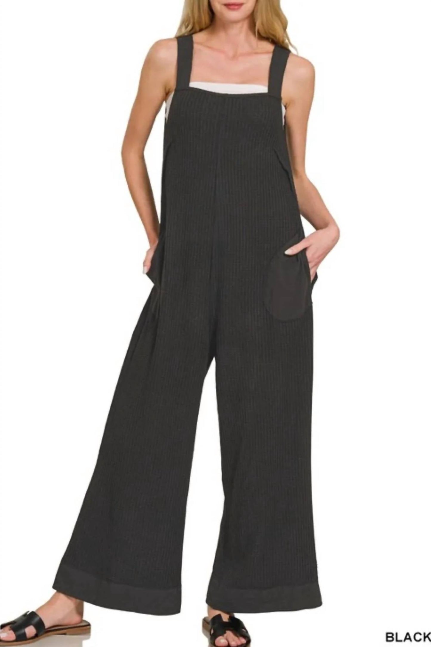 Zenana - Knit Waffle Wide Leg Overalls