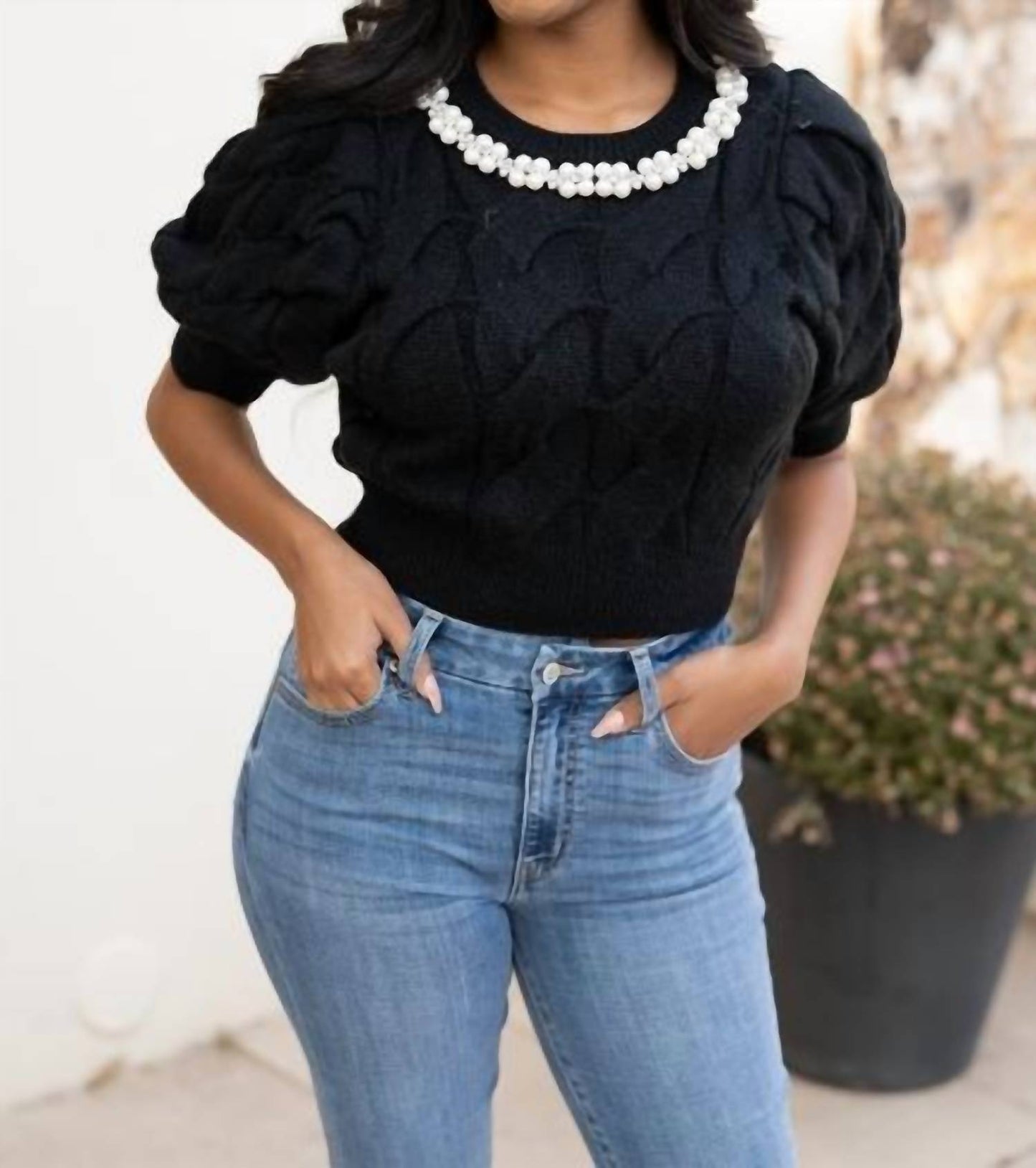 Mable - Pearl And Rhinestone Cable Knit Crop Sweater