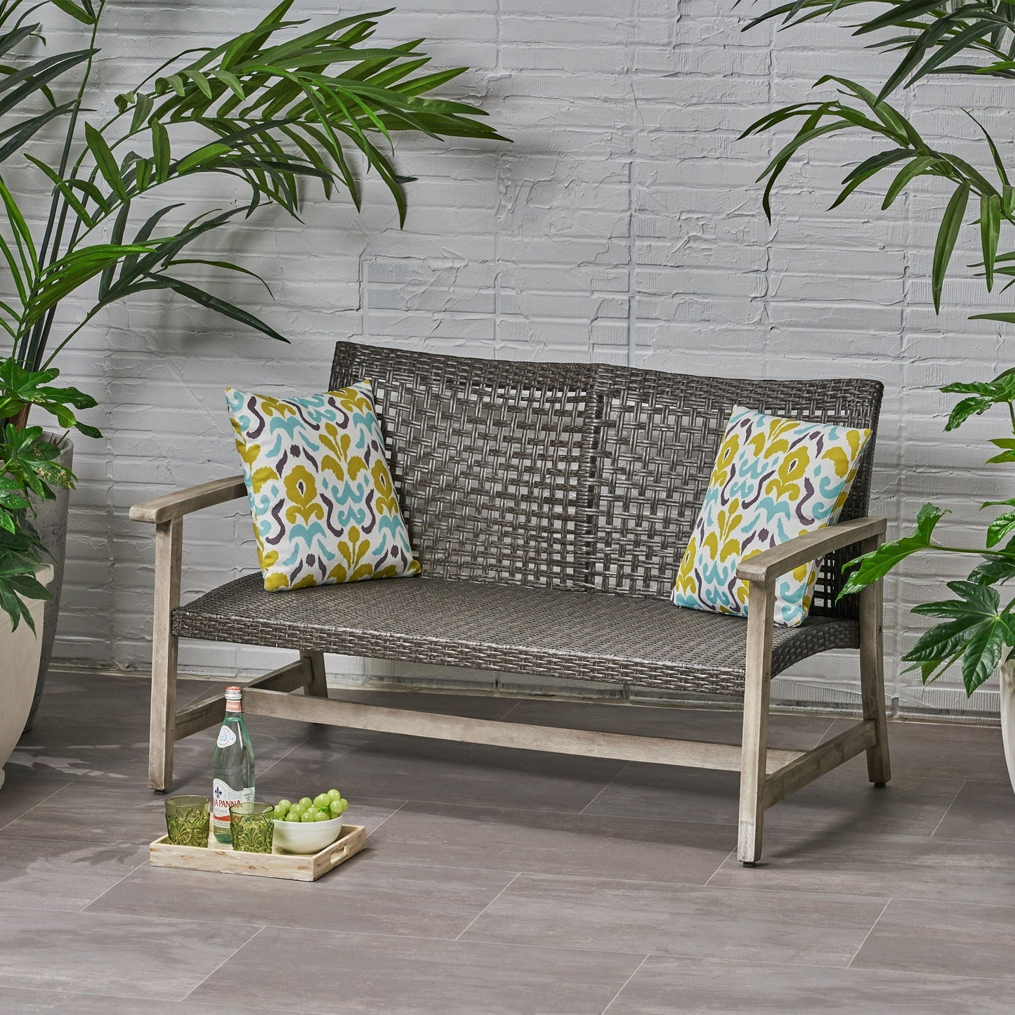 Hampton Outdoor Wood and Wicker Loveseat - Gray