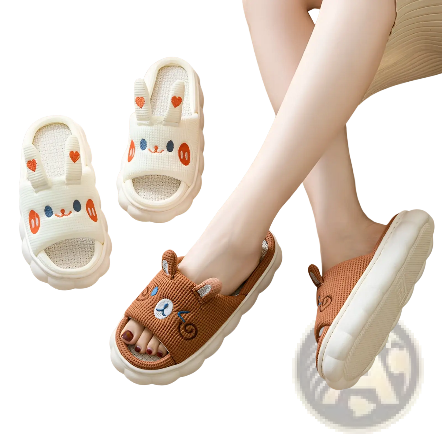 Cartoon Animal Embroidered Open Toe Linen Slippers