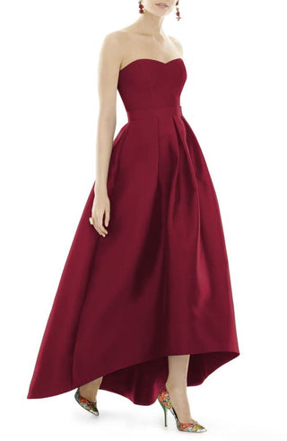 Alfred Sung Strapless High/Low Ballgown in Burgundy, Size 14