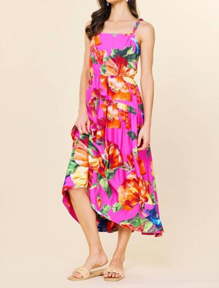 Skies Are Blue - Braided Strap Floral Print Midi Dress