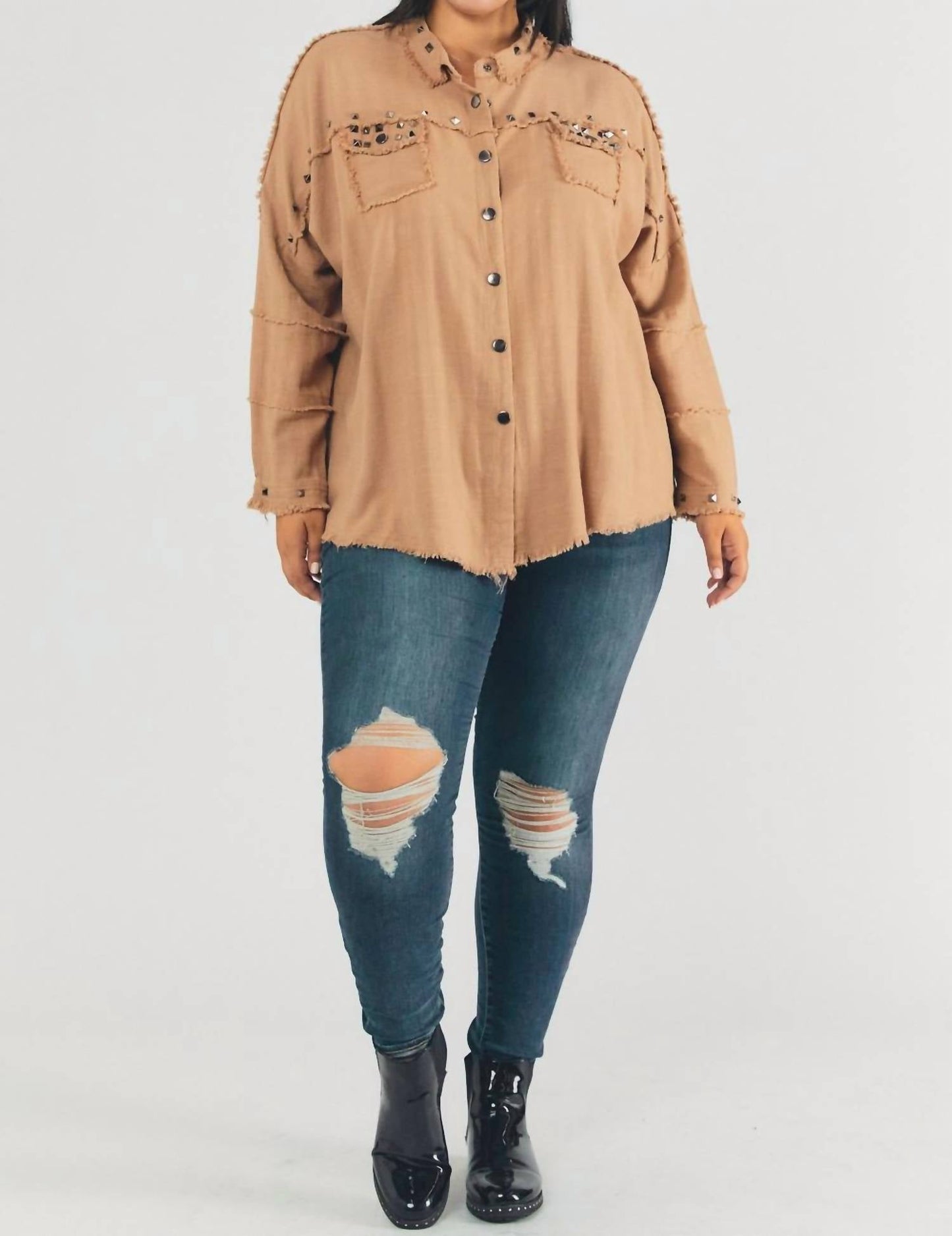 Davi & Dani - Plus Distressed Hem Button Down Oversize Shirt