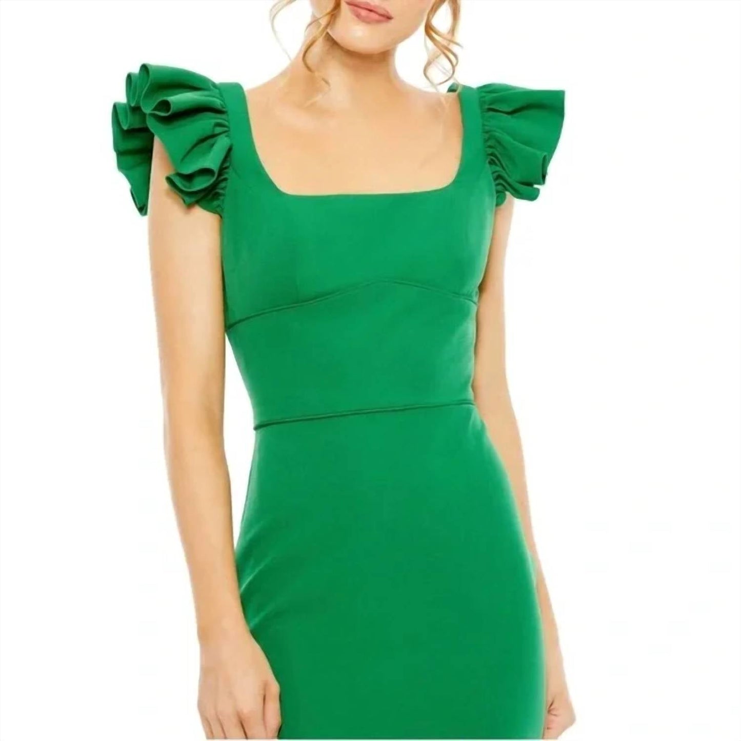 Ieena For Mac Duggal - Ruffle Cap Sleeve Open Back Column Gown Dress