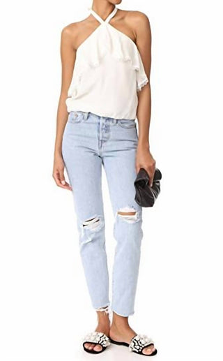 Alice + Olivia - Silk Ruffle Lace Trim Crop Halter Top