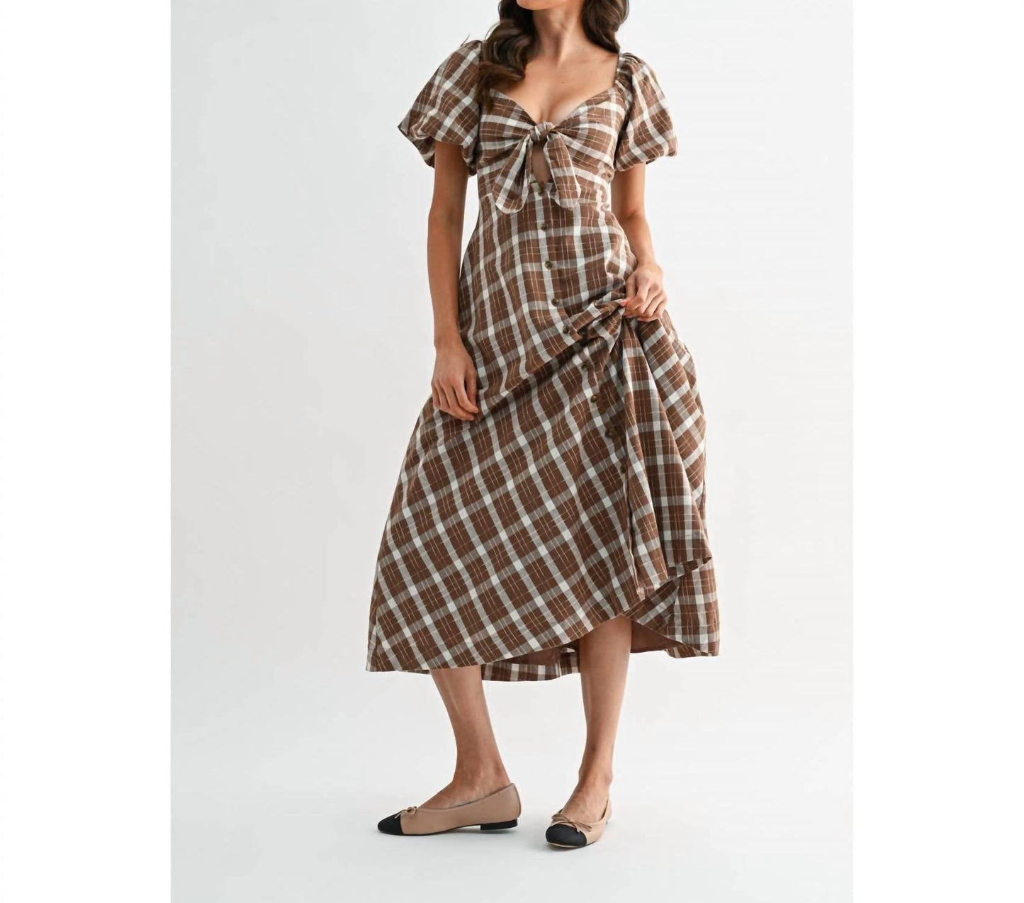 Camellia - Jori Plaid Tie Front Midi Dress