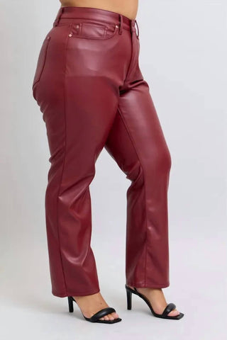 Trendsi - Women's Judy Blue Full Size High Waist Tummy Control Faux Leather Straight Pants Plus Size
