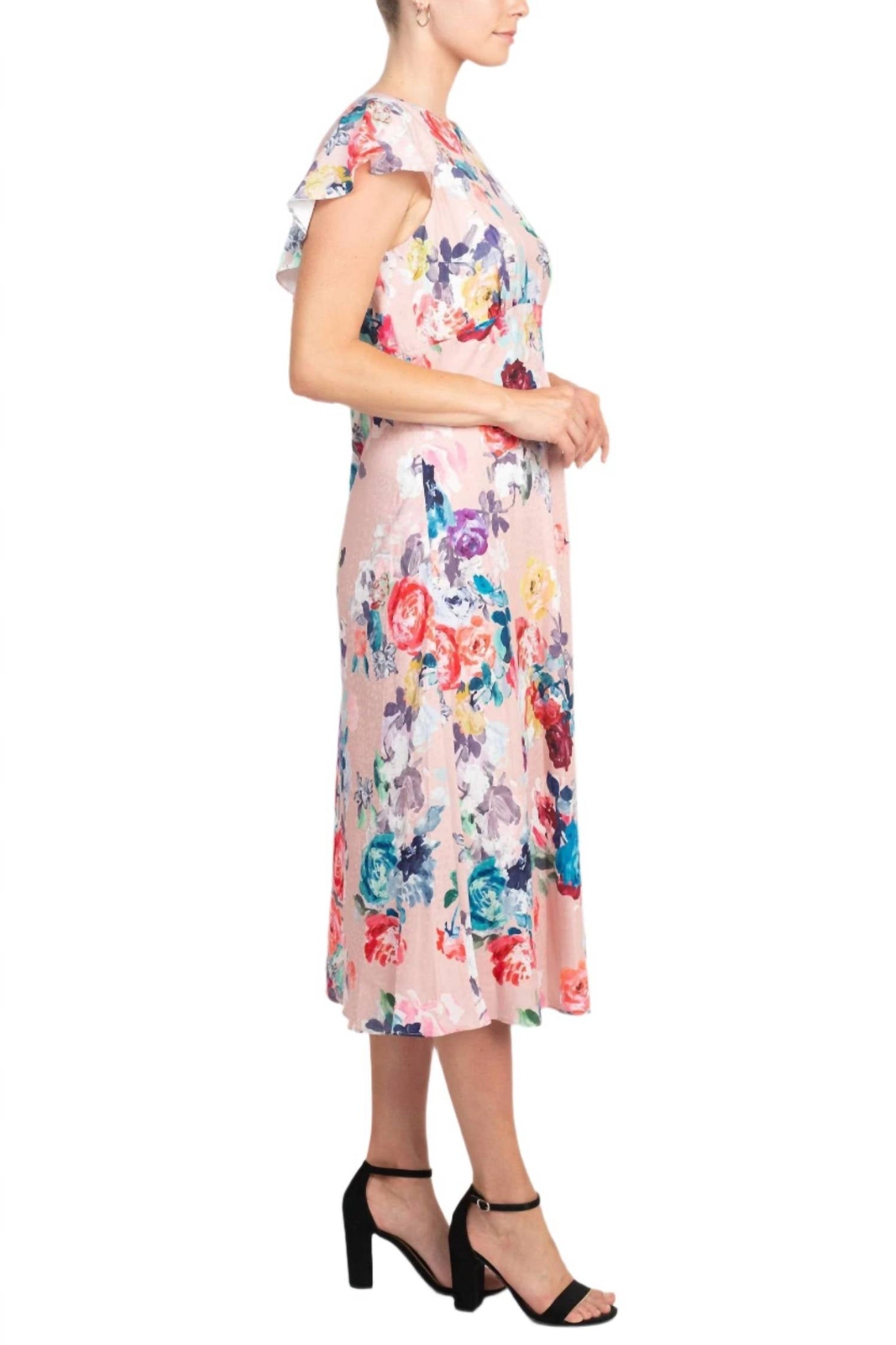 Adrianna Papell - Soft Pleated Floral Print Empire Waist Midi Dress