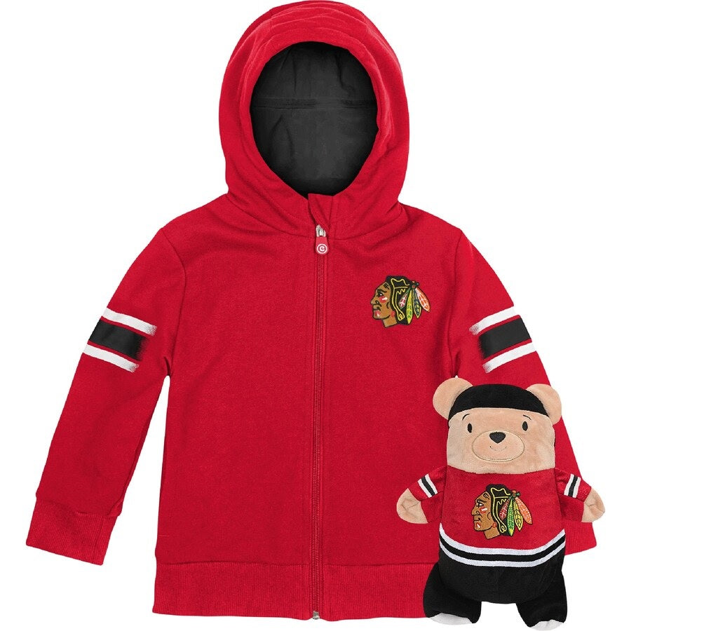 Cubcoats Transforming 2 em 1 para crianças, unissex, pré-escolar, vermelho, Chicago Blackhawks, moletom com zíper completo e pelúcia macia, vermelho