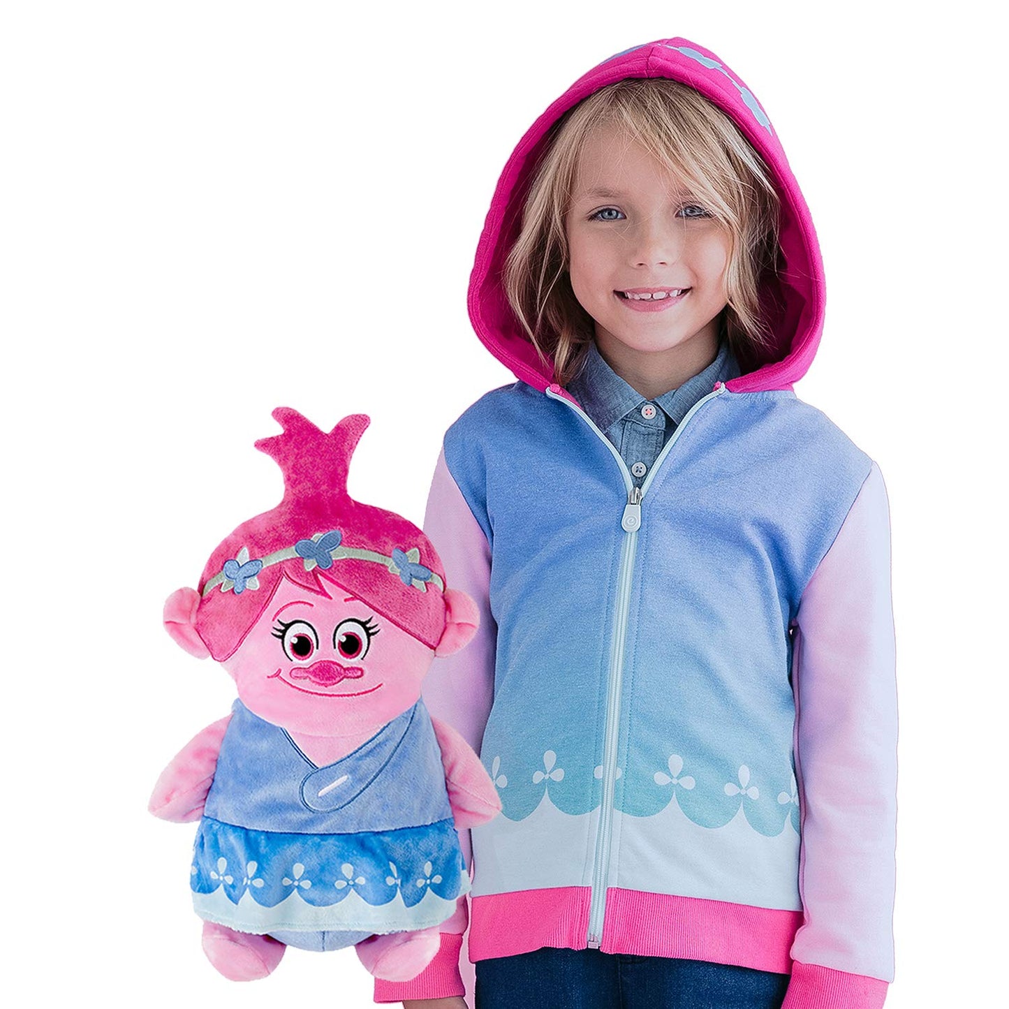 Cubcoats Transformando 2 em 1 Unissex Dream Works Trolls Poppy 2 em 1 Bicho de Pelúcia com Capuz Azul