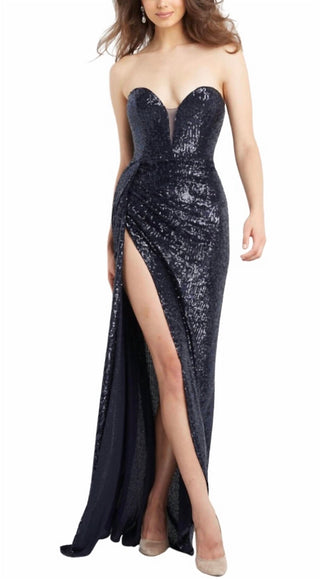 Jovani - Vestido de lantejoulas sem alças com fenda alta